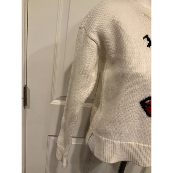 Madewell Cream Cropped Knit Sweater W/ Face Lips Smile, Size XS - Picture 3 of 8